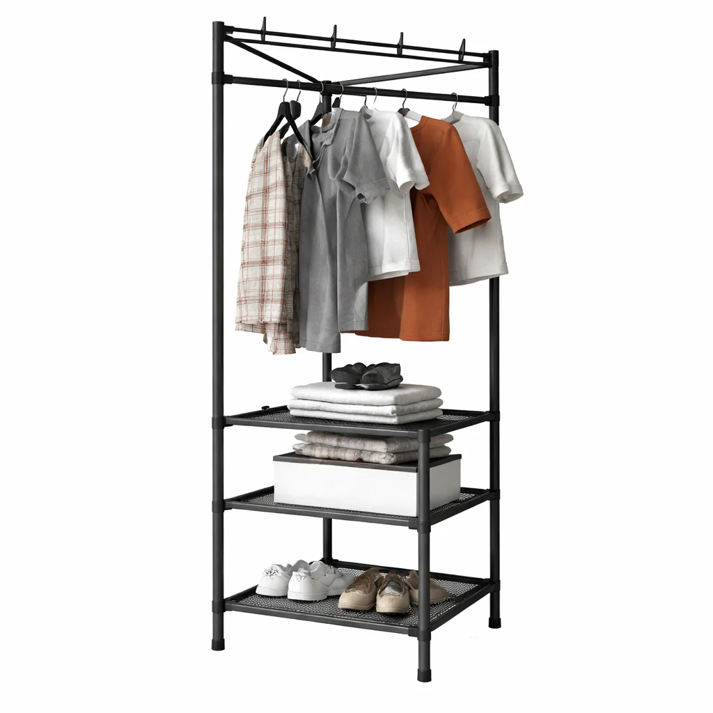 Corner Coat Rack – Multi-Tier Clothes Stand with Hanging Rod & Storage Shelves
