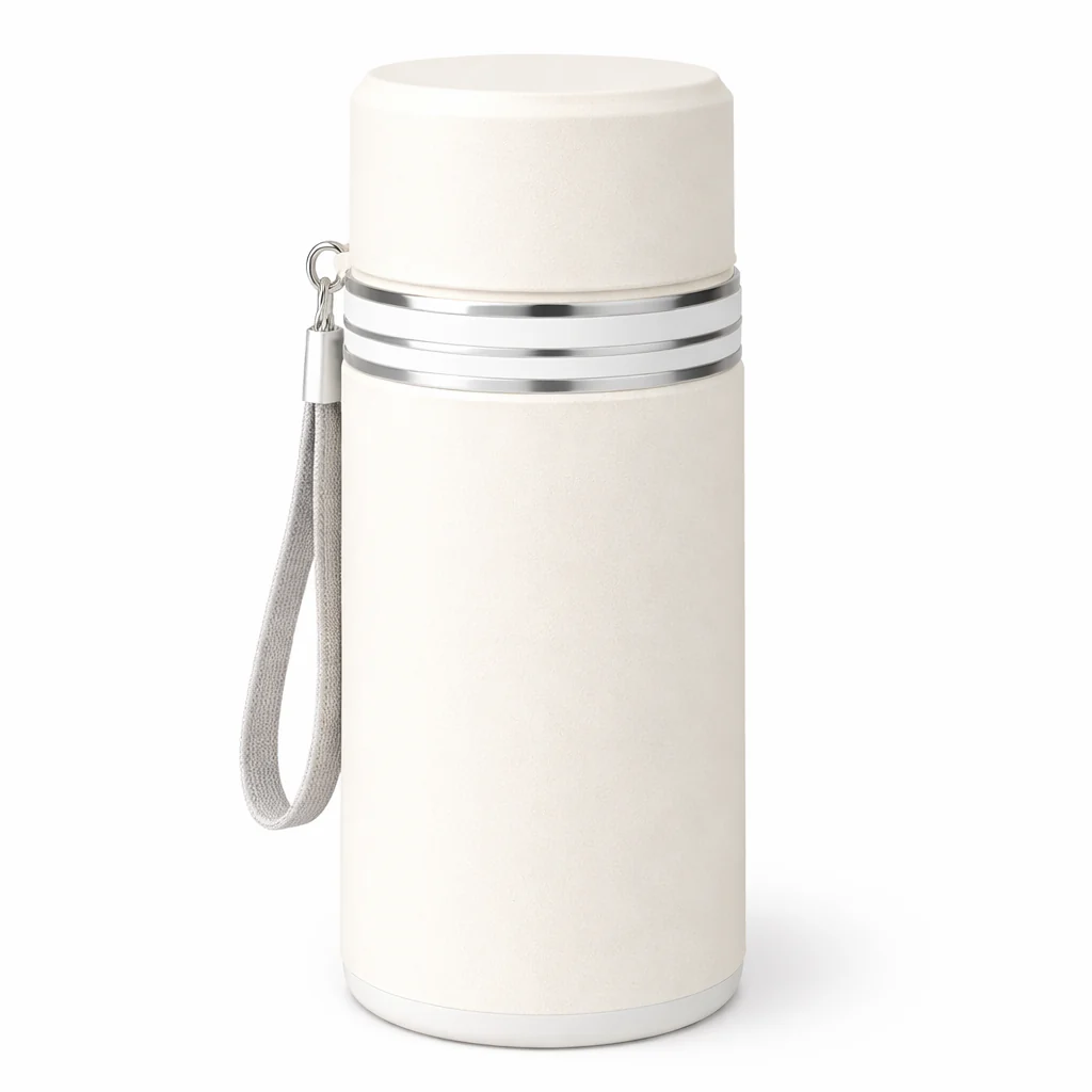 Cream Insulated Plastic Glass Cup with Lid & Strap – Portable Leakproof Travel Tumbler Bottle - Image 2