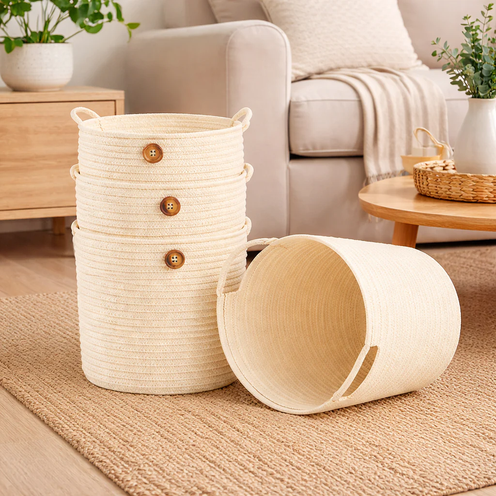 1 Pc Decorative Circular Storage Basket with Handles – Foldable Cotton Rope Organizer with Button Detail for Kitchen & Home