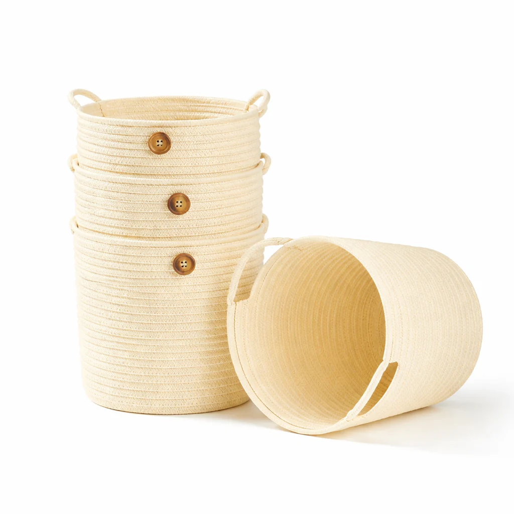 1 Pc Decorative Circular Storage Basket with Handles – Foldable Cotton Rope Organizer with Button Detail for Kitchen & Home - Image 2