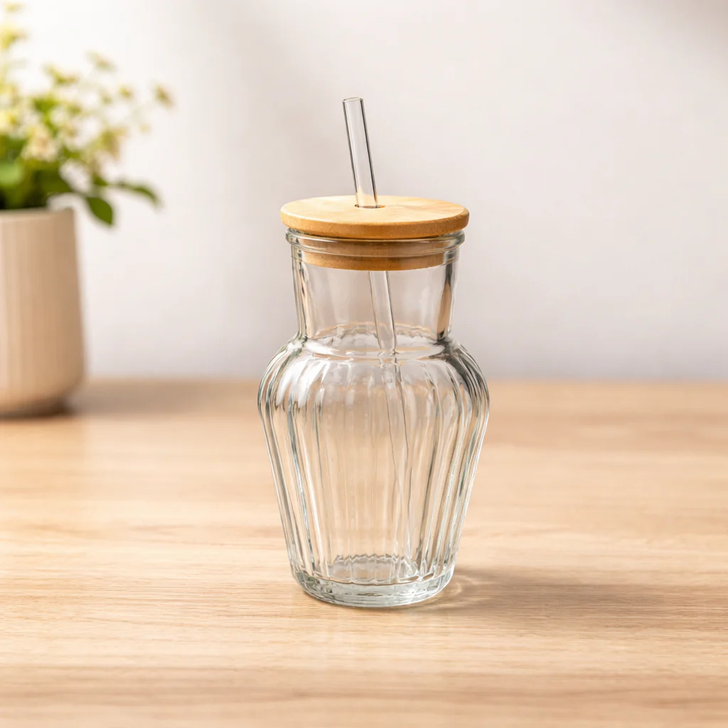 Delas Straw Glass – Elegant Ribbed Tumbler with Bamboo Lid & Reusable Straw