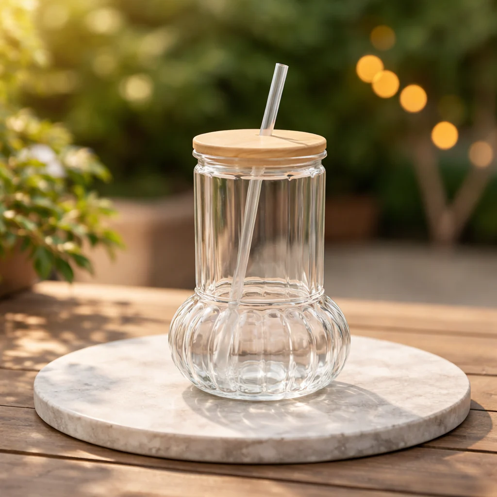 Delas Straw Glass – Modern Ribbed Tumbler with Bamboo Lid & Reusable Straw