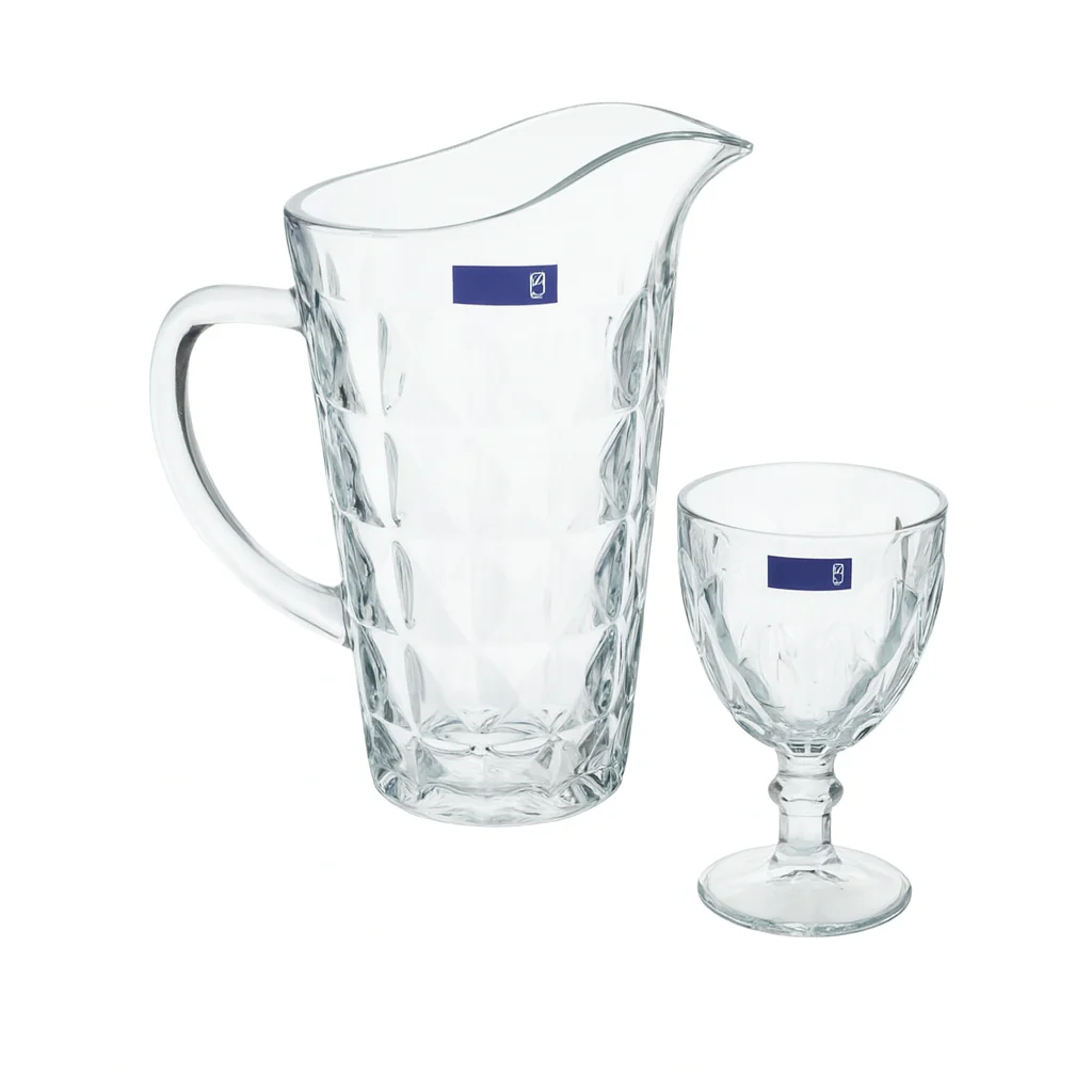 Diamond-Cut Clear Glass Water Set – 7-Piece Set (1.2 L Jug + 340 mL Stemmed Glasses) - Image 2