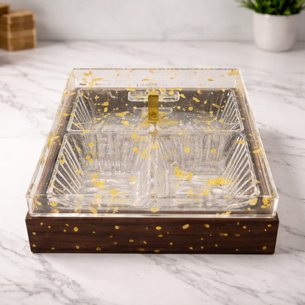 Elegant 4-Section Acrylic Dry Fruit Dish – Decorative Snack & Mithai Serving Tray