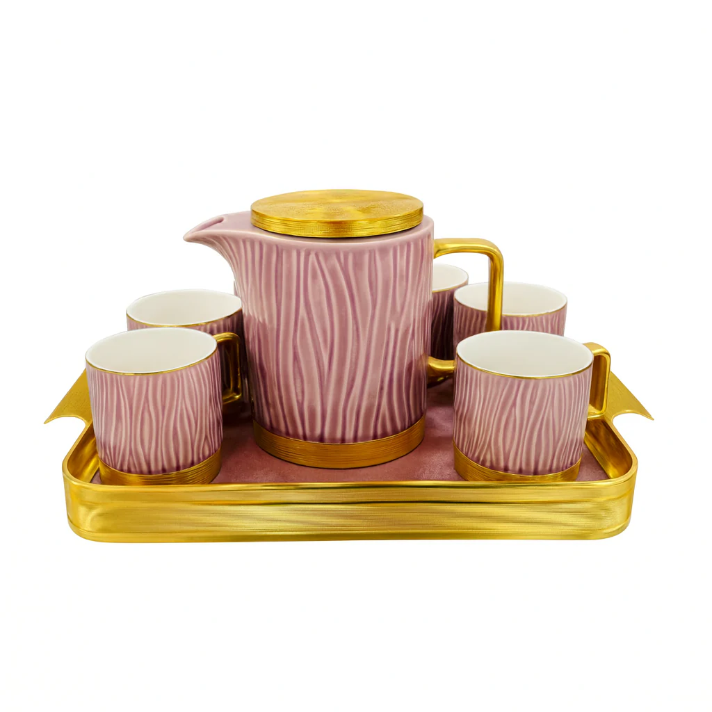 Elegant Ceramic Tea Set with Golden Tray – Luxury 7-Piece Tea & Coffee Set in Beige & Gold or Pink & Gold - Image 2