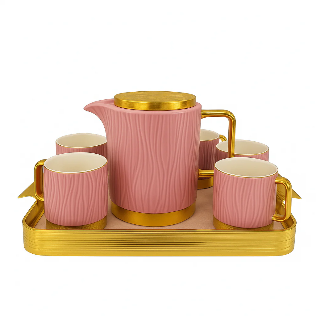 Elegant Ceramic Tea Set with Golden Tray – Luxury 7-Piece Tea & Coffee Set in Black, Pink & Beige Variants - Image 3