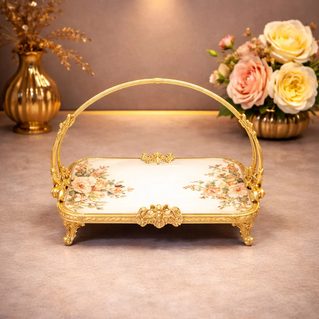 Flat Basket Tray – Elegant Floral Serving Tray with Handle