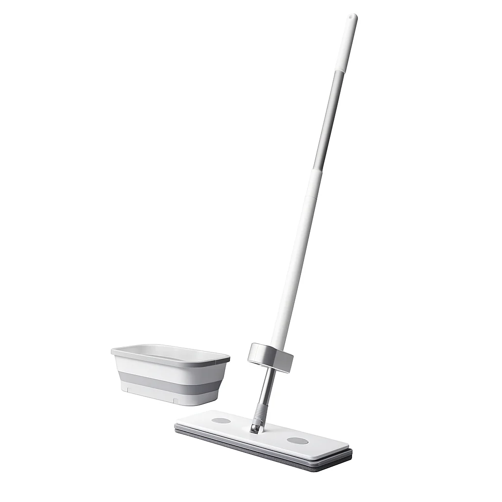 Flat Mop with Collapsible Silicone Bucket – Adjustable Handle, Reusable Microfiber Pad, Easy Wet & Dry Floor Cleaning