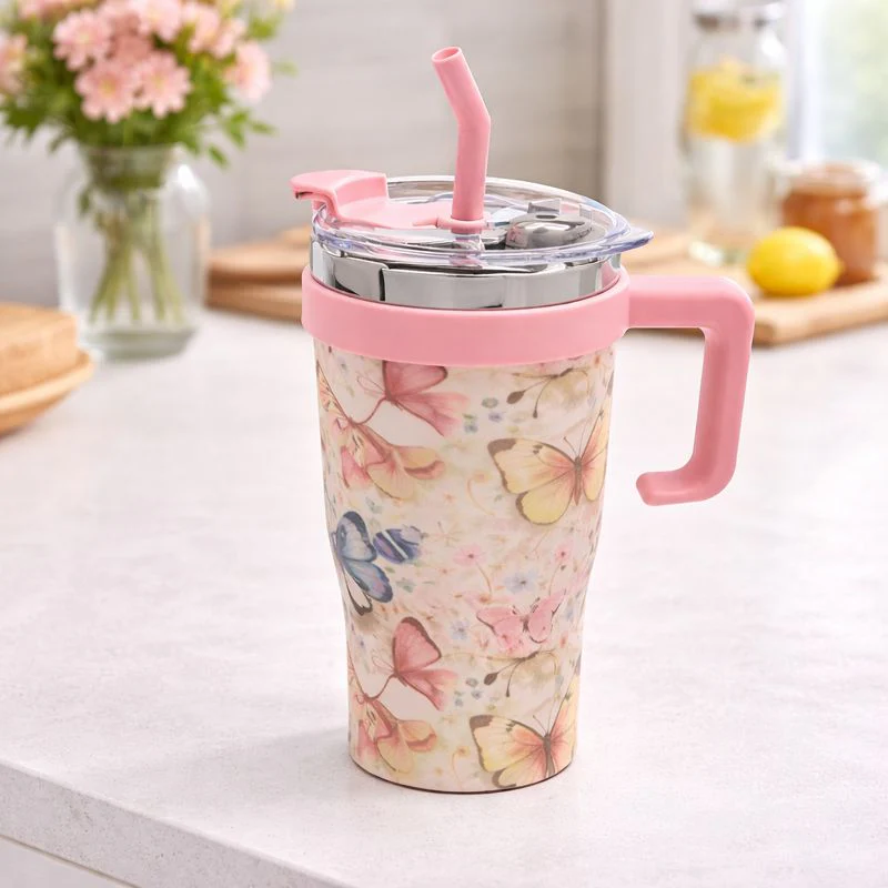 Floral Design Tumbler with Handle 1200ML – Insulated Travel Mug with Straw & Lid