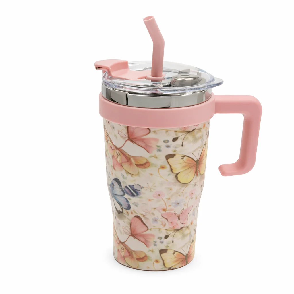 Floral Design Tumbler with Handle 1200ML – Insulated Travel Mug with Straw & Lid - Image 2