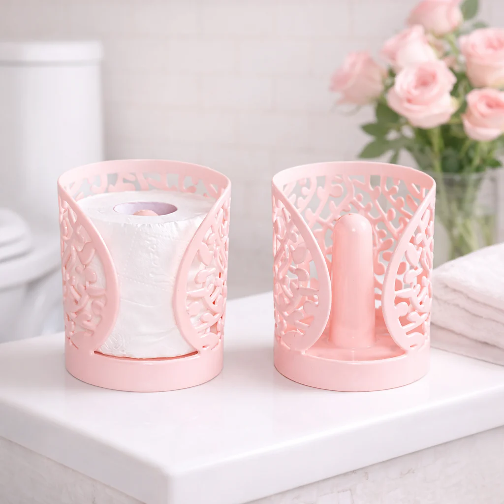 Floral Tissue Holder – Decorative Bathroom & Kitchen Tissue Roll Stand (Pink / Dark Pink, BPA-Free)