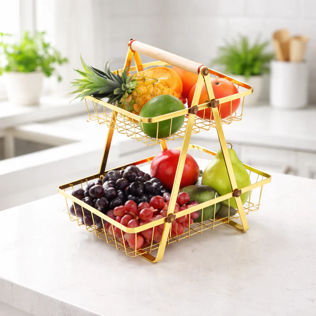 Fruit Basket – Modern Countertop Storage Rack with Wooden Handle (Black & Gold Options) - Image 2