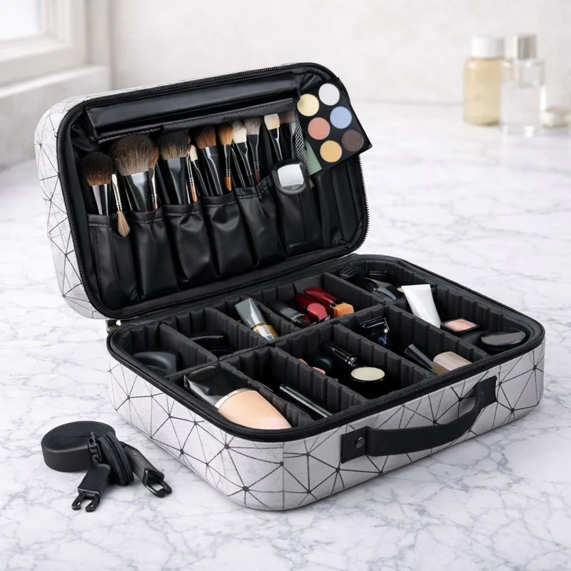 Geometric Cosmetic Bag – Quilted Makeup Organizer Travel Pouch