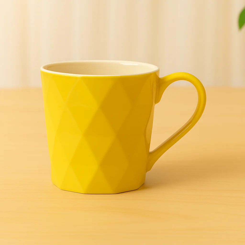 Geometric Yellow Ceramic Mug – Diamond Embossed Modern Coffee & Tea Cup - Image 3