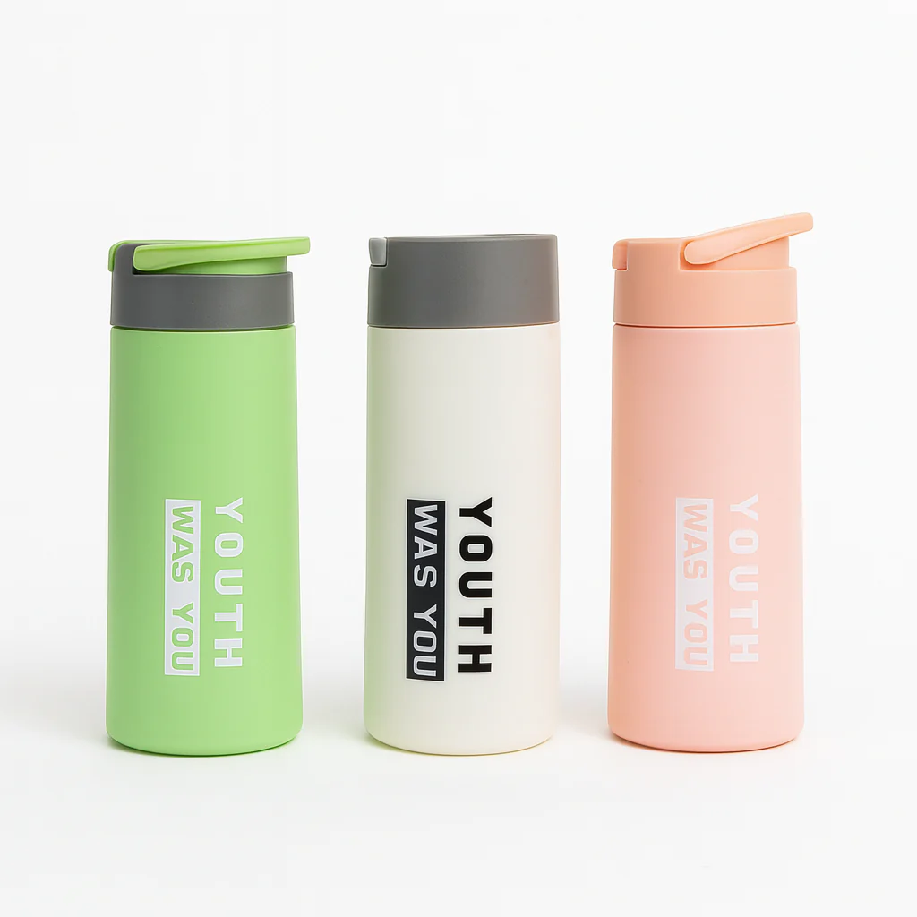 Glass Bottle with Flip Lid – Stylish Printed Drinking Bottle (White, Green, Peach)