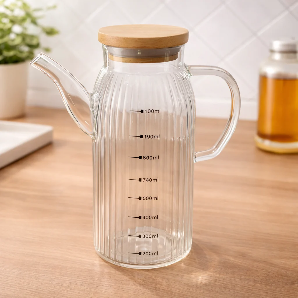 Glass Oil Bottle with Measurement Line – Transparent Kitchen Oil Dispenser with Handle & Lid