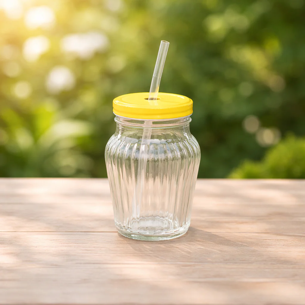 Glass With Straw 450ml – Ribbed Clear Tumbler with Bamboo Lid & Reusable Straw