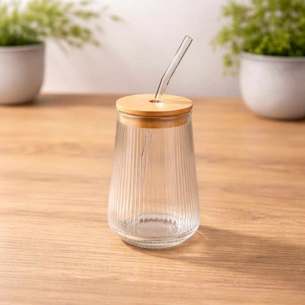 Glass With Straw – Ribbed Mini Tumbler with Bamboo Lid