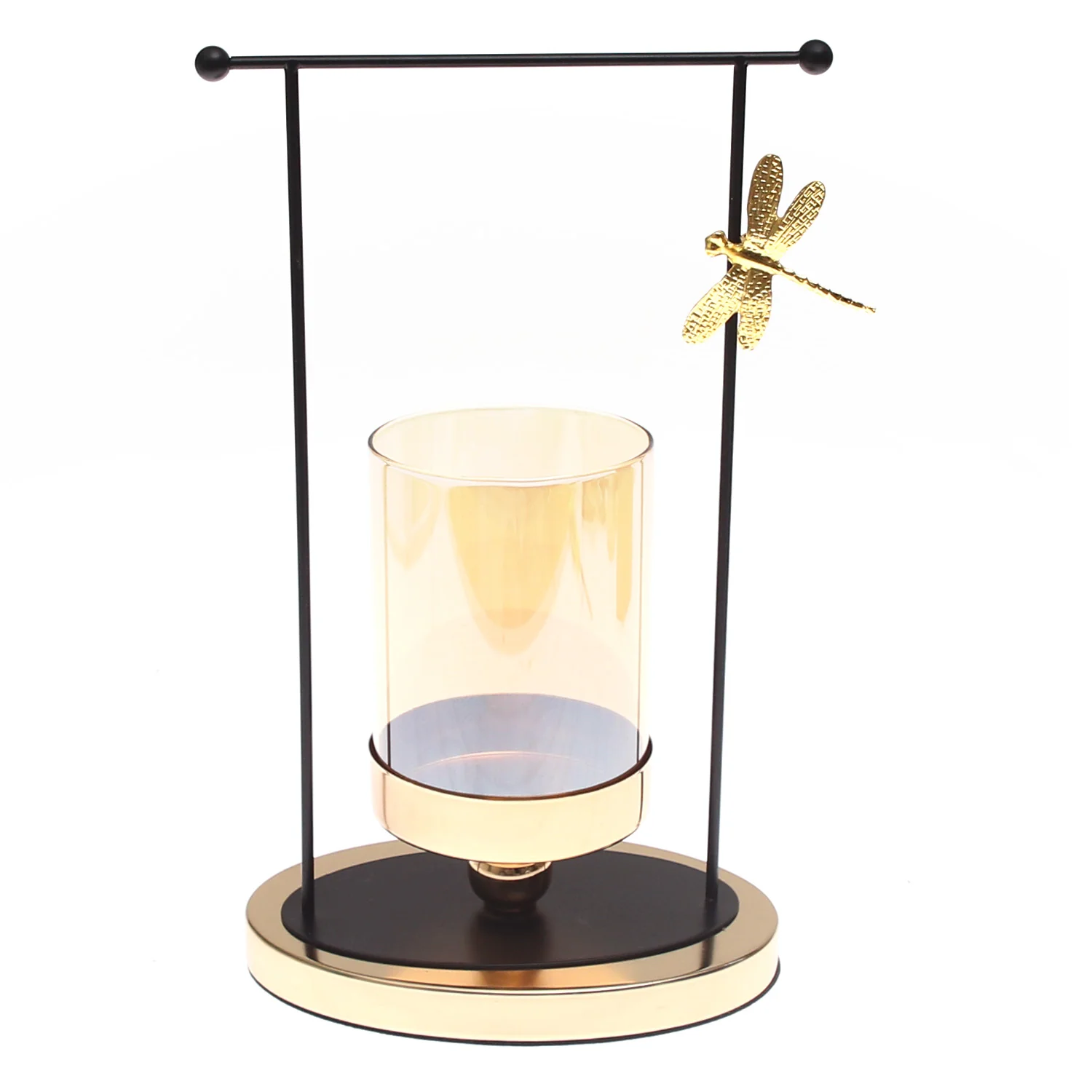 Gold & Black Frame Pillar Candle Holder with Dragonfly Accent – Large - Image 2