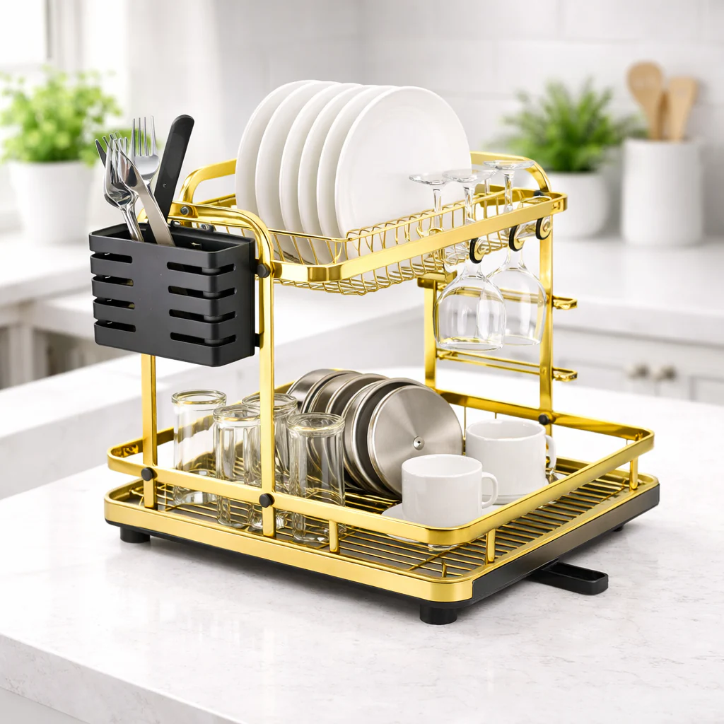Gold Dish Rack – Multi-Functional Kitchen Drying Rack with Drain Tray