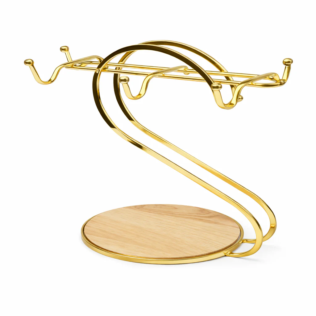 Golden Cup & Saucer Stand – Luxury Metal Mug Holder with Wooden Base