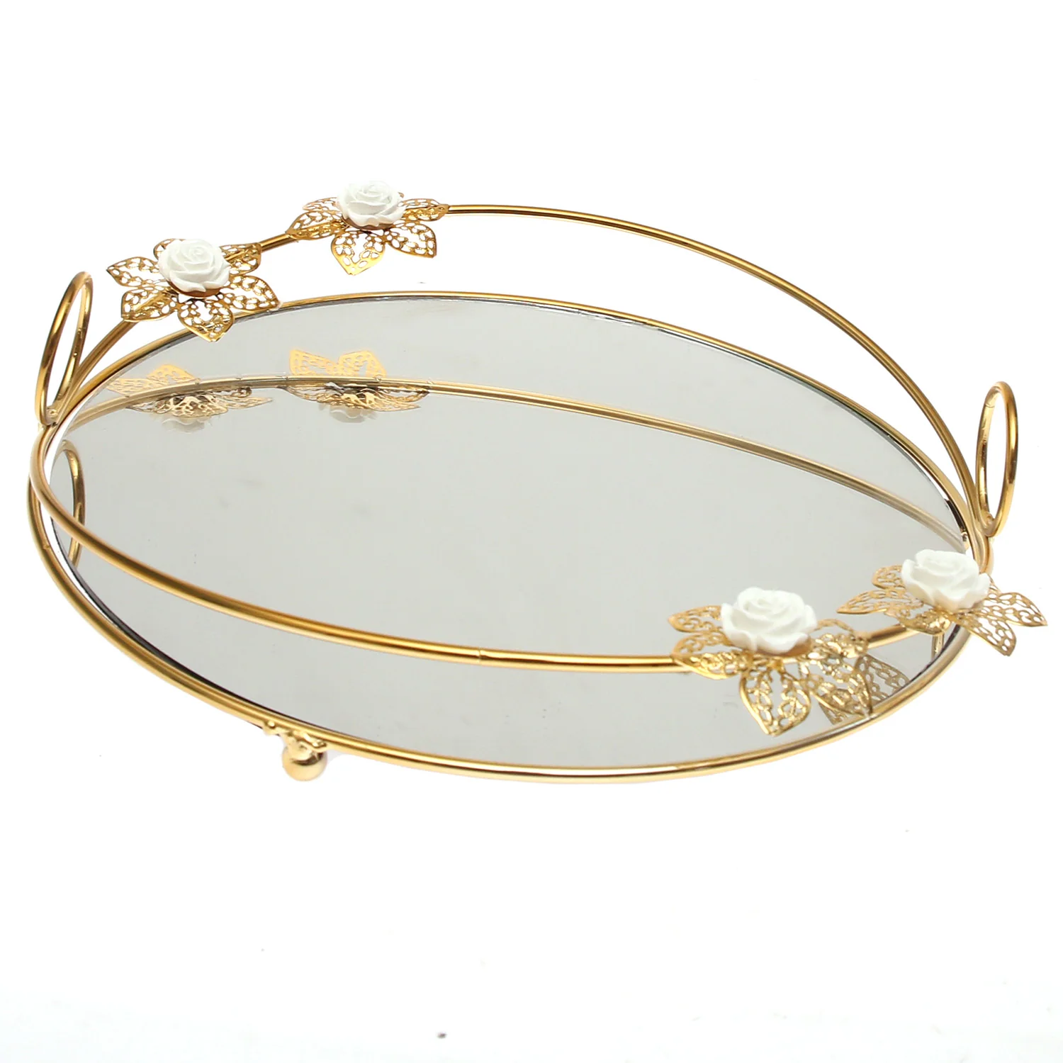 Golden Iron & Glass Decorative Round Tray with White Flowers – J2315-2M - Image 2