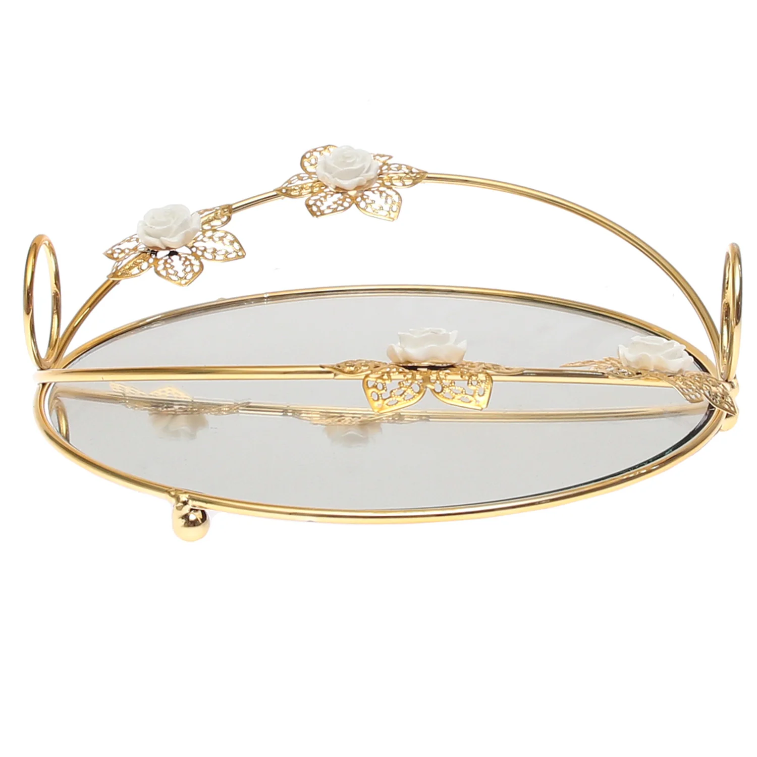 Golden Iron & Glass Decorative Round Tray with White Flowers – J2315-3S - Image 2