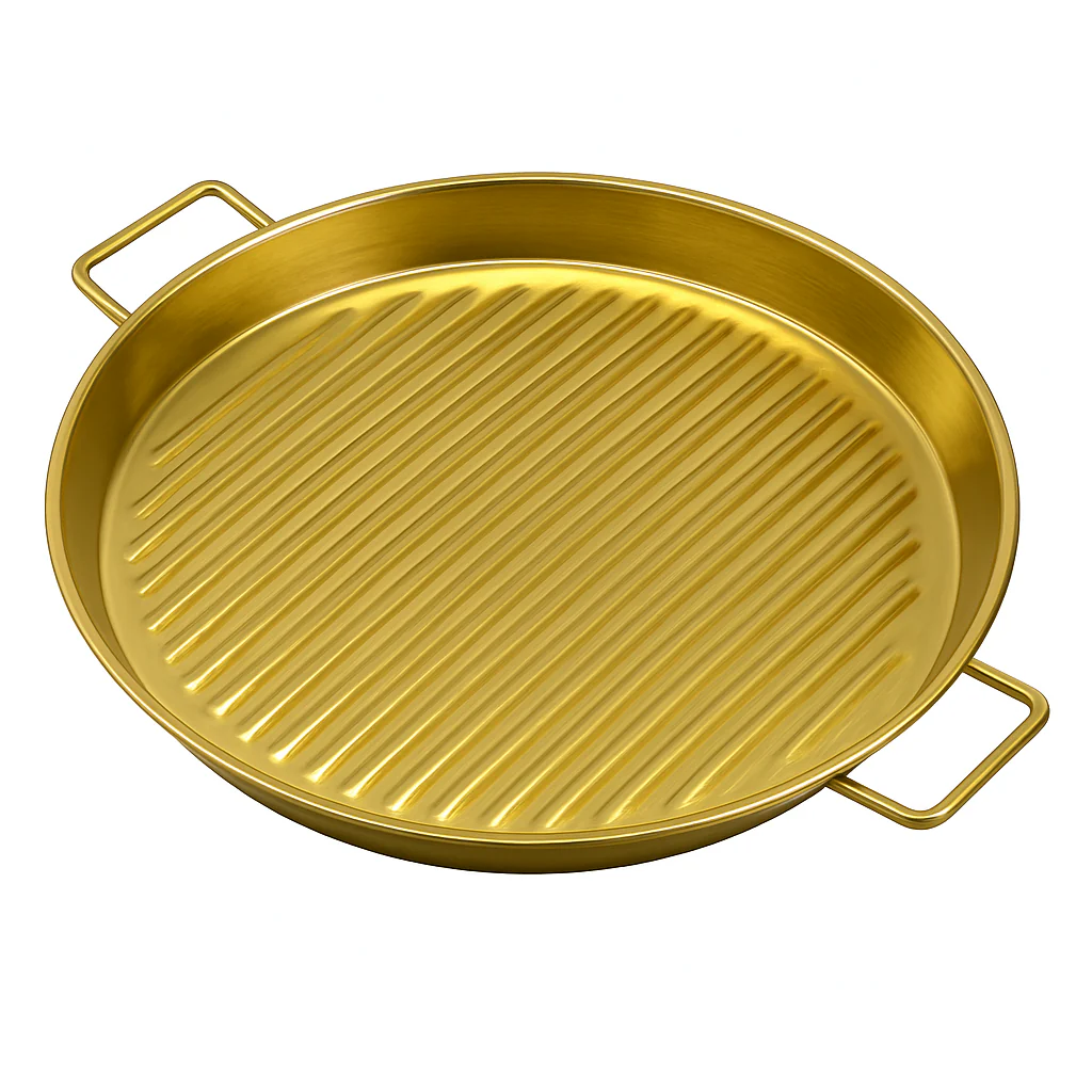 Golden Steak Style Platter – Ribbed Stainless Steel Grill Plate for Serving & Presentation (Available in 7.5 inch or 8.5 inch) - Image 2