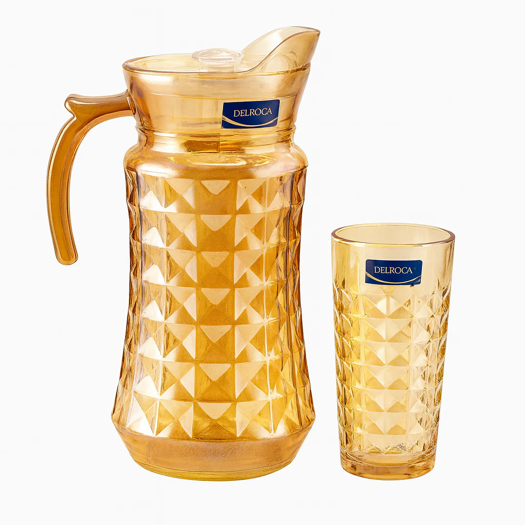 Golden-Tinted 7-Piece Water Set – 1.7 L Jug with 278 ml Glasses (Premium Diamond-Pattern Glassware) - Image 2