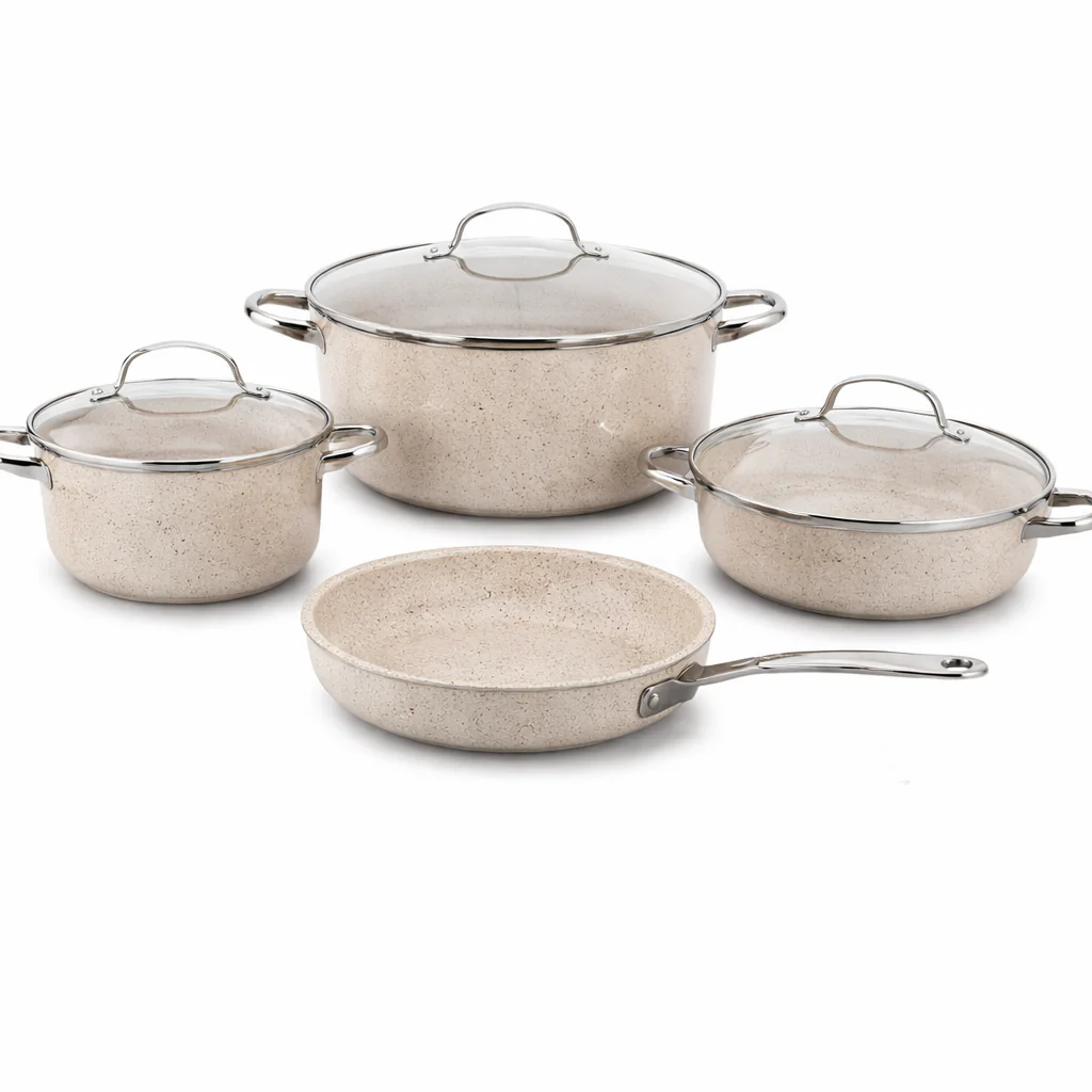 Granita Aluminium 7 Pcs Cookware Set – Nonstick Marble Coated Pots & Fry Pan with Glass Lids