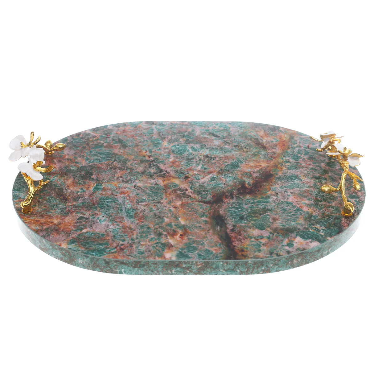 Green Marble Effect Serving Tray with Floral Handles 12 × 16 Inch – Decorative Luxury Tray