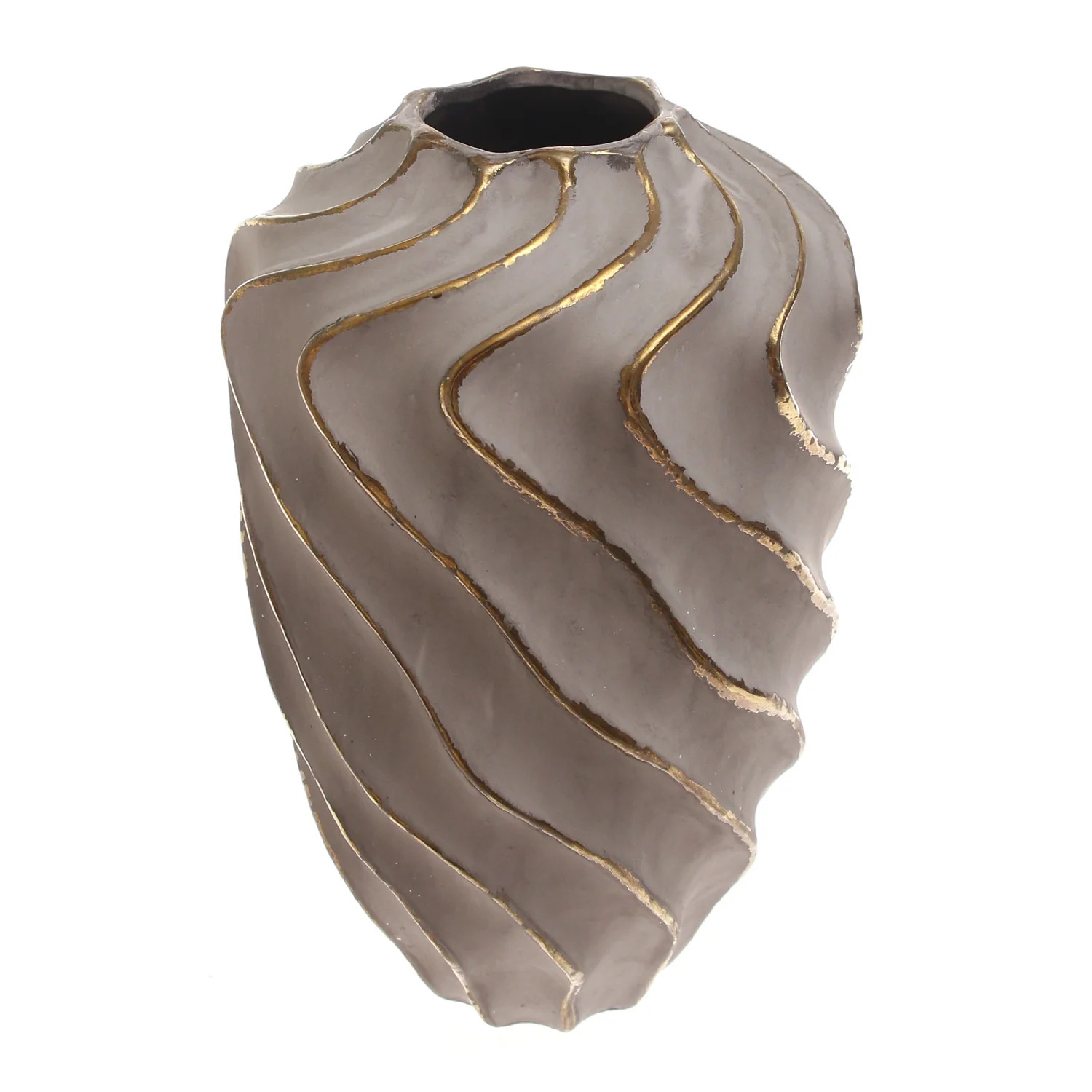 Grey & Gold Wave-Textured Ceramic Vase – Large