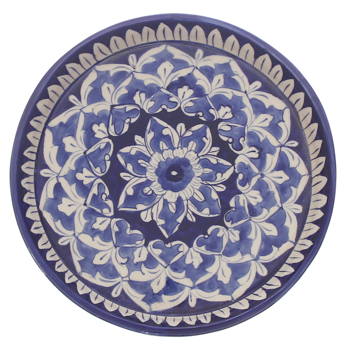 Handcrafted Blue Pottery Round Platter – Medium Floral Decorative Serving Dish - Image 2