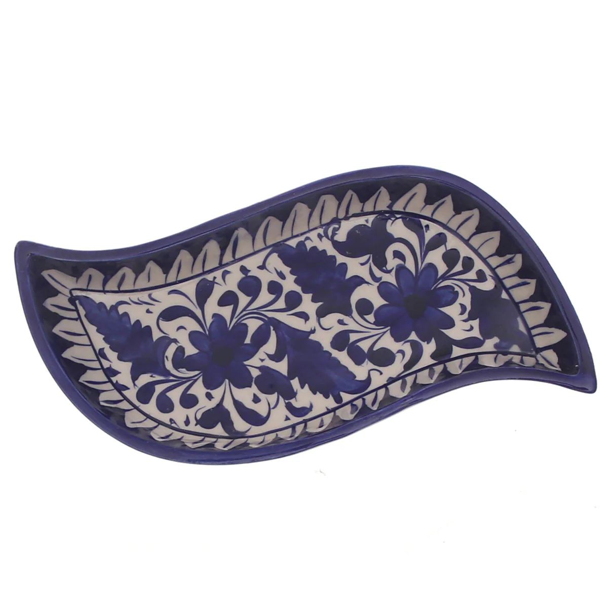 Handcrafted Blue Pottery Spiral Dish – Decorative Leaf-Shaped Serving Plate - Image 2