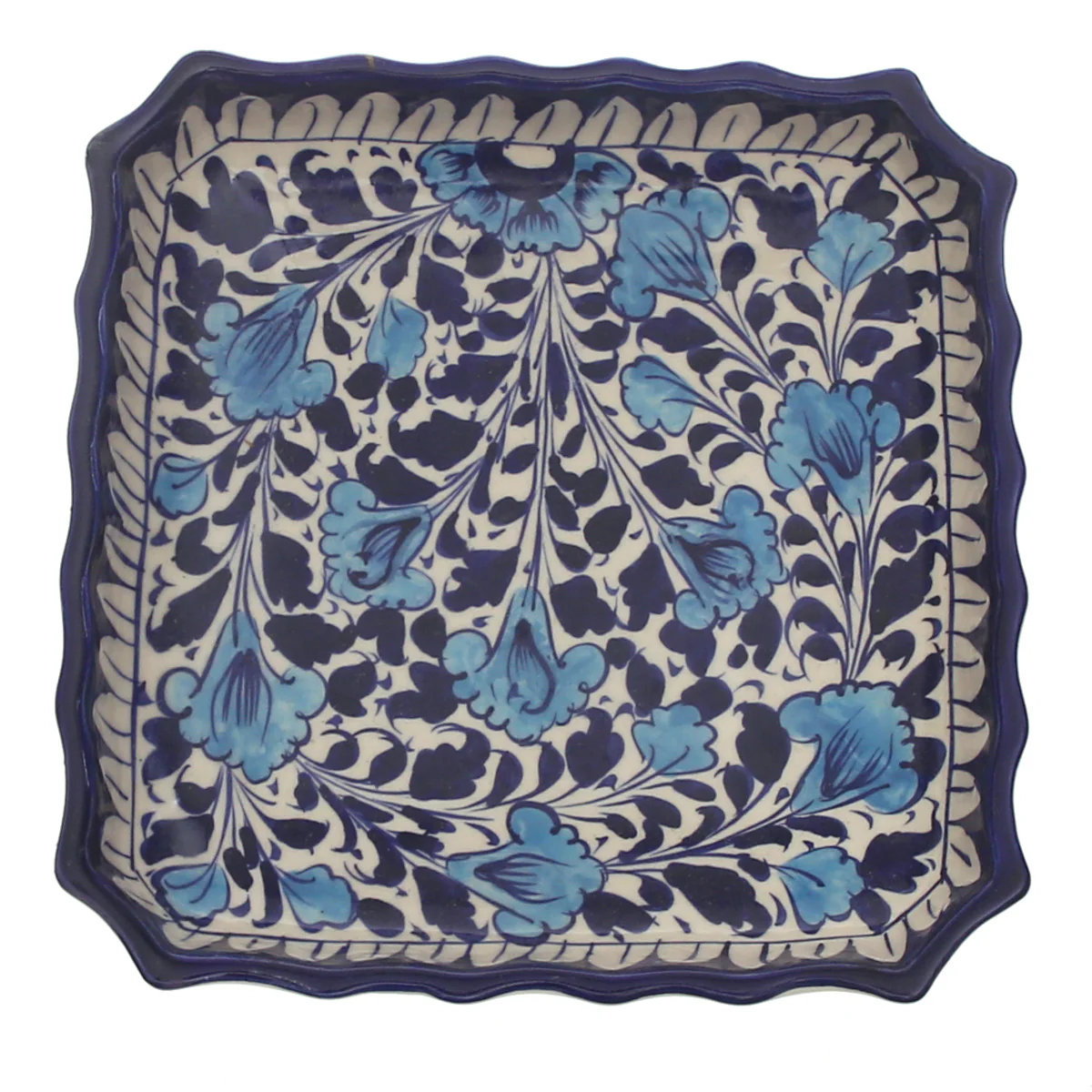 Handcrafted Blue Pottery Square Deep Platter – Medium Multi-Color Floral Serving Dish - Image 2