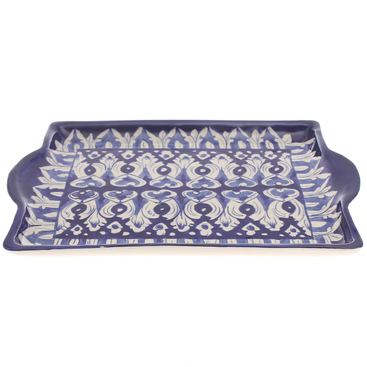 Handcrafted Blue Pottery Square Flat Platter – Multi-Color Floral Serving Tray