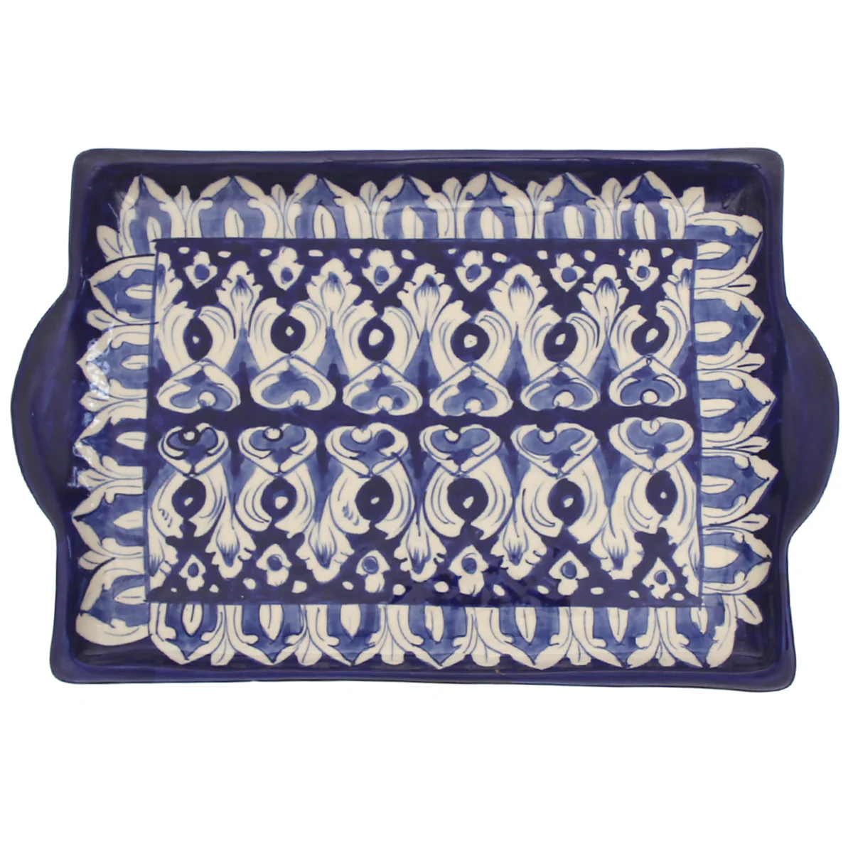 Handcrafted Blue Pottery Square Flat Platter – Multi-Color Floral Serving Tray - Image 2