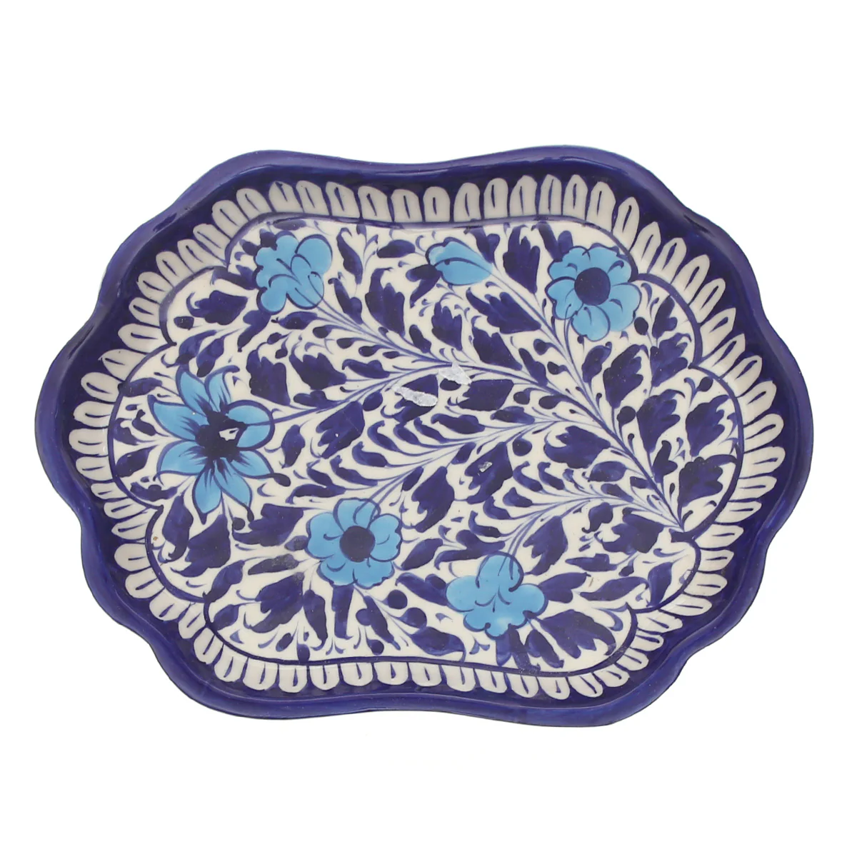 Handcrafted Blue Pottery Wavy Oval Platter – Floral Decorative Serving Dish - Image 2