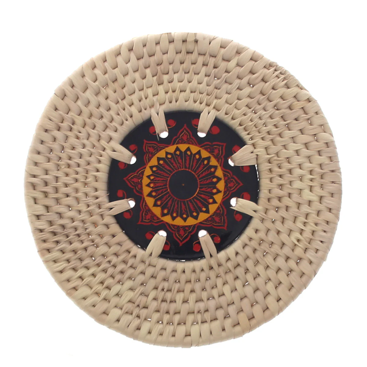 Handwoven Hot Plate Mat – Red & Gold Mandala Design Trivet (8 in, UC-B-37)