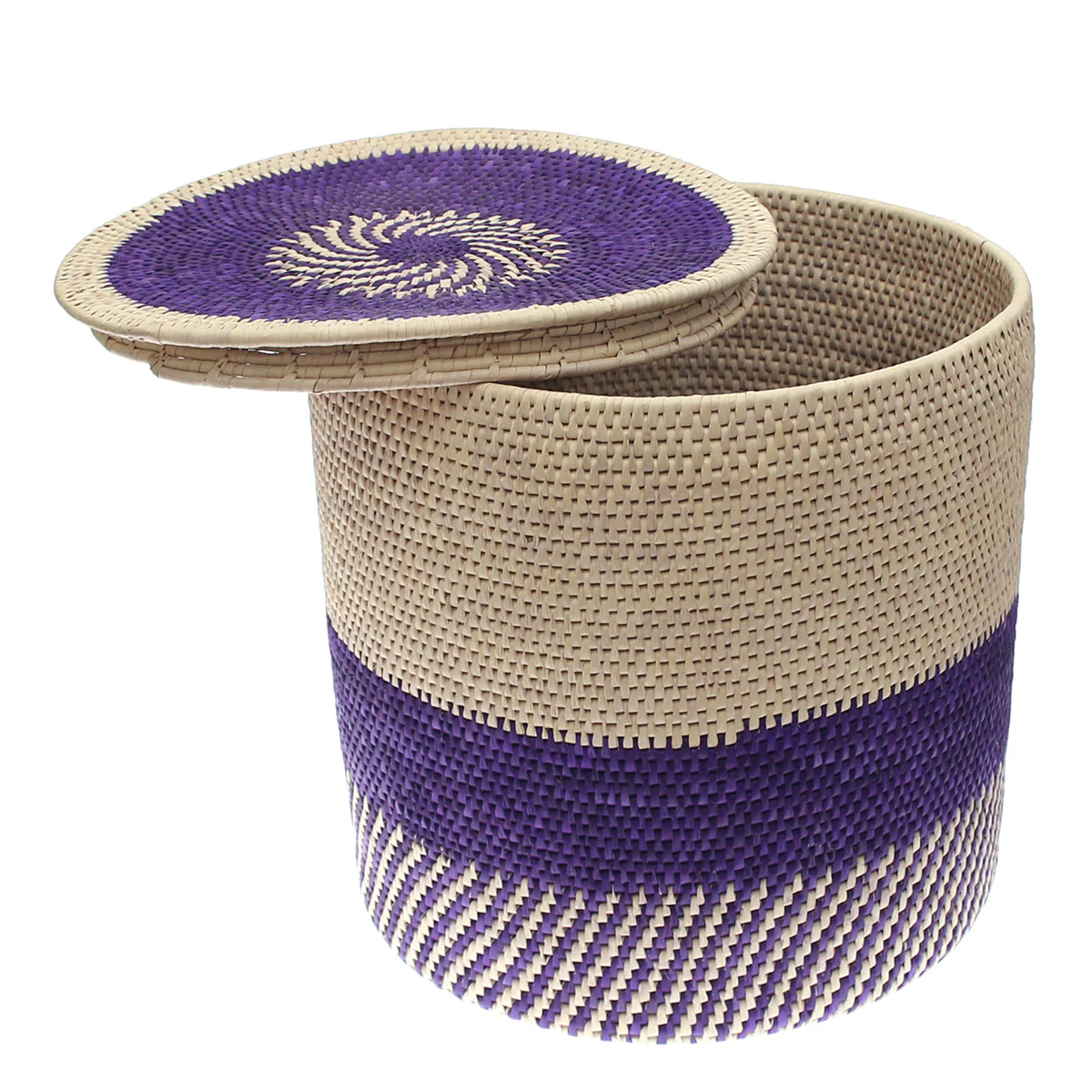 Handwoven Laundry Basket with Lid – Purple & Natural Circular Design (20x20 in, UC-B-15) - Image 2