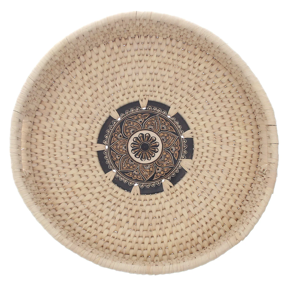 Handwoven Round Basket with Mandala Design – Natural Storage & Serving Tray (2.5x14 in) - Image 2