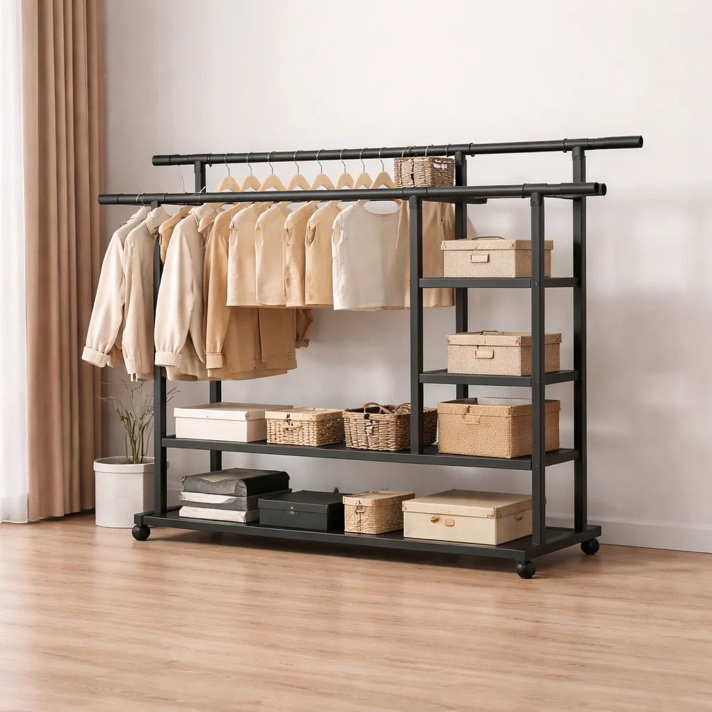 Heavy Duty Double Rod Clothes Hanger – Multi-Functional Garment Rack with Shelves