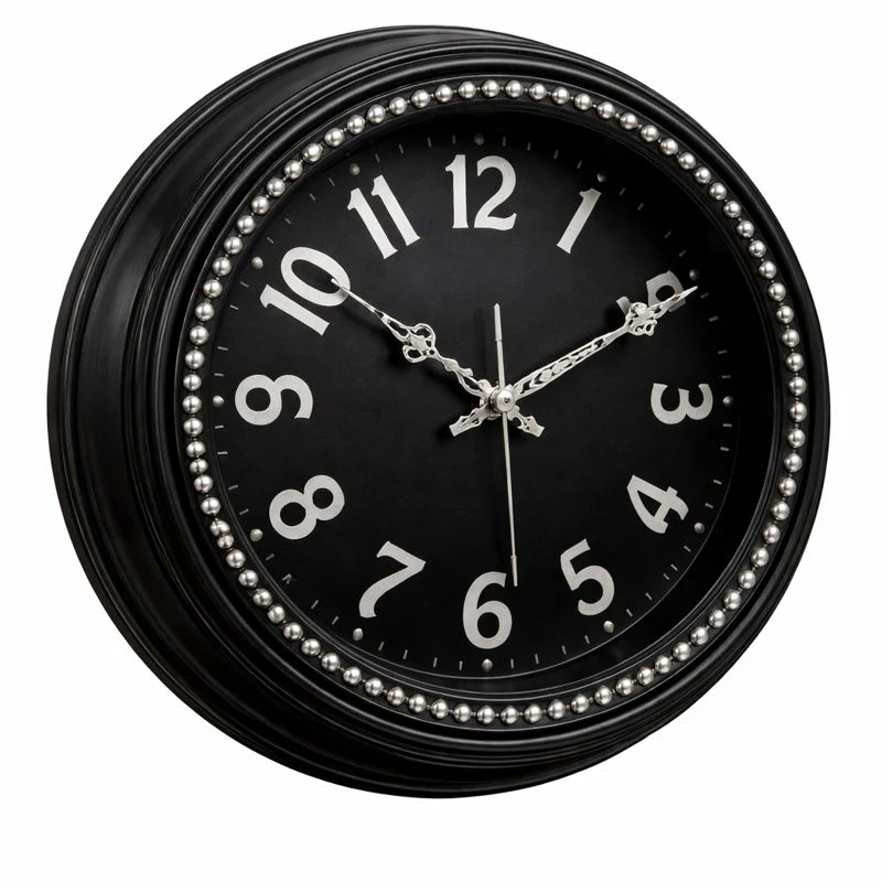 Heritage Hazel Wall Clock 14.5 Inch – Classic Black Finish with Silver Numerals & Beaded Detail (Plastic)
