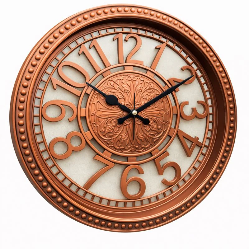 Heritage Retro Wall Clock 15 Inch – Ornate Copper Finish with Embossed Center & Classic Numerals (Plastic)