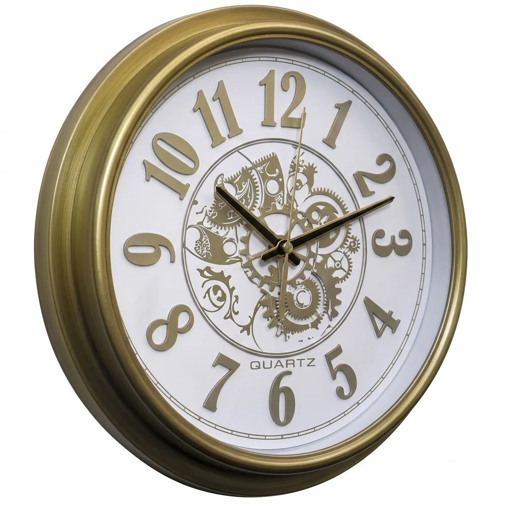 Heritage Wall Clock Glisso 14.5" – Vintage Gold Frame Gear Design Quartz Wall Clock
