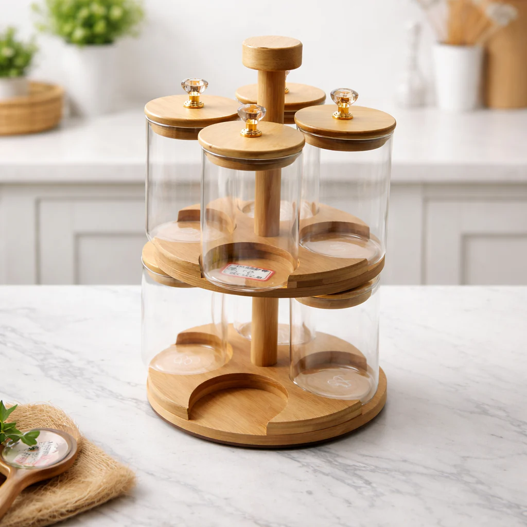 Jar Set 8PCS Wooden Standing – Rotating Storage Organizer with Lids