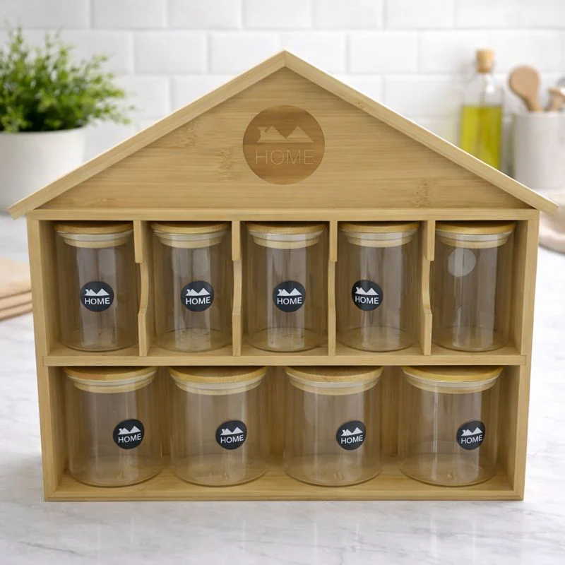 Jar Set Wooden House – Multi-Storage Organizer with Lids & Stand