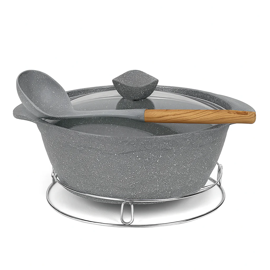 Kung Fu Master Non-Stick Cooking Pot with Induction Plate, Iron Stand & Spoon – Available in 24cm, 28cm, 32cm & 36cm - Image 2