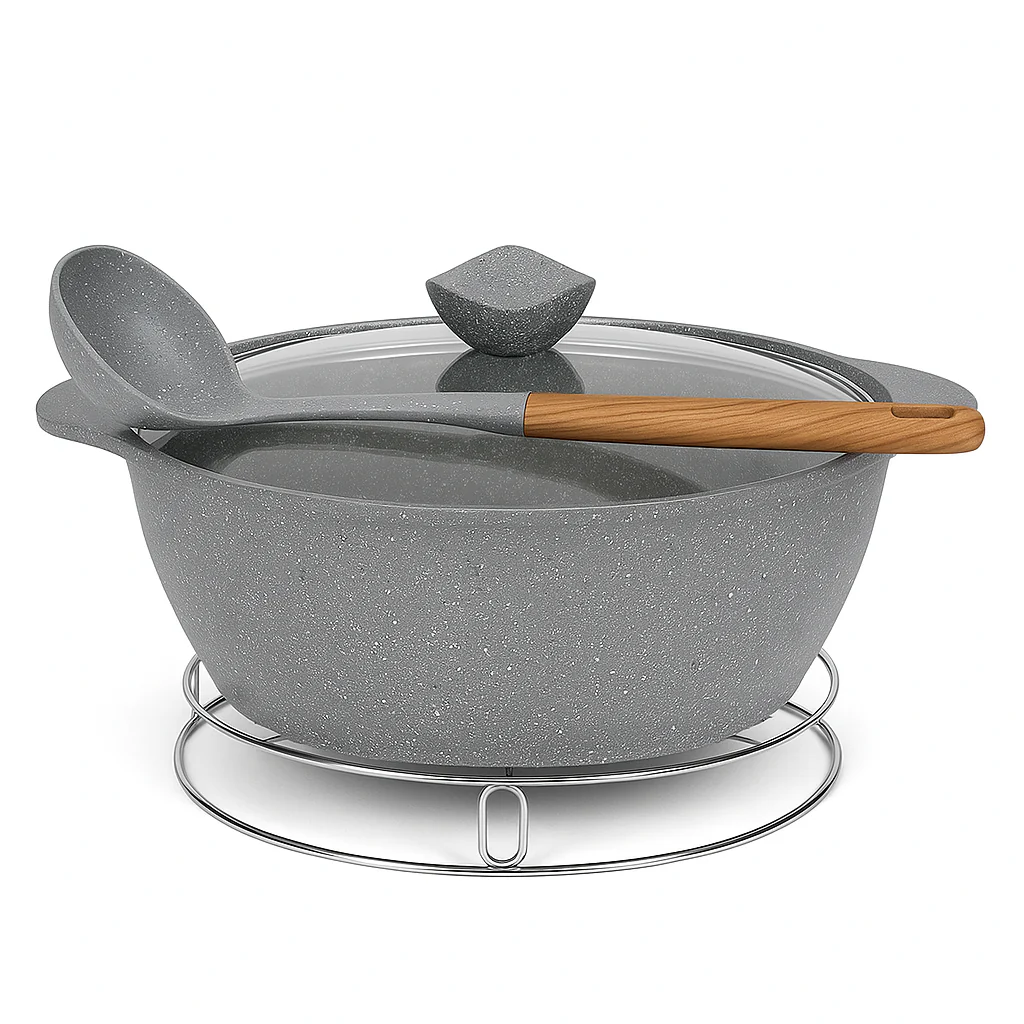 Kung Fu Master Non-Stick Cooking Pot with Induction Plate, Iron Stand & Spoon – Available in 24cm, 28cm, 32cm & 36cm - Image 3