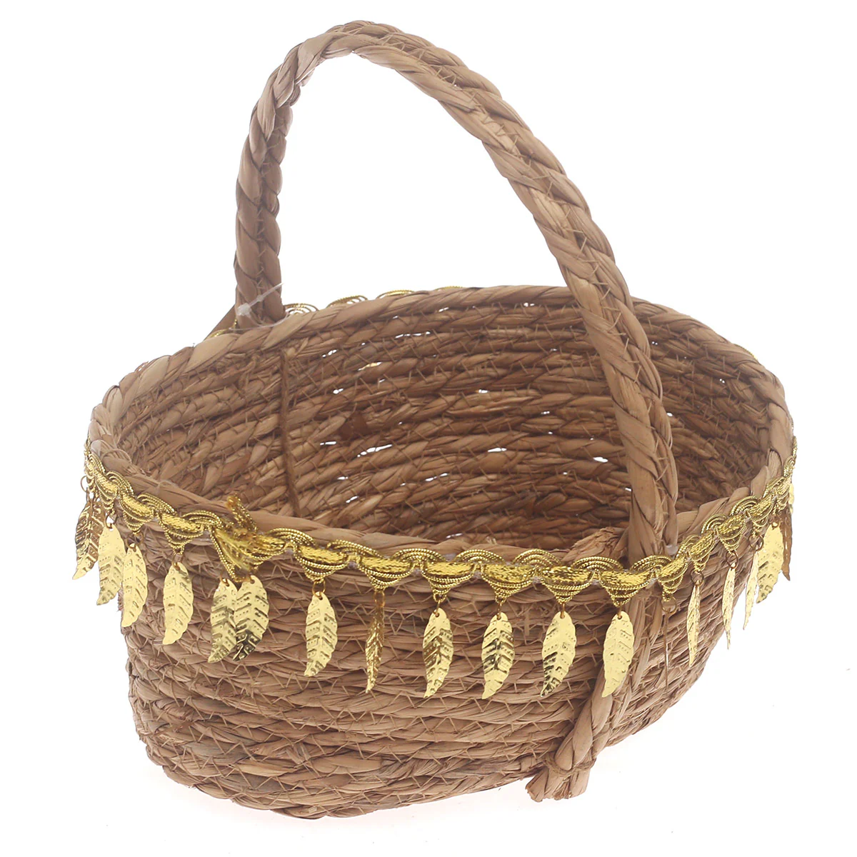 Large Brown Handwoven Storage Basket with Handle & Gold Leaf Detailing - Image 2